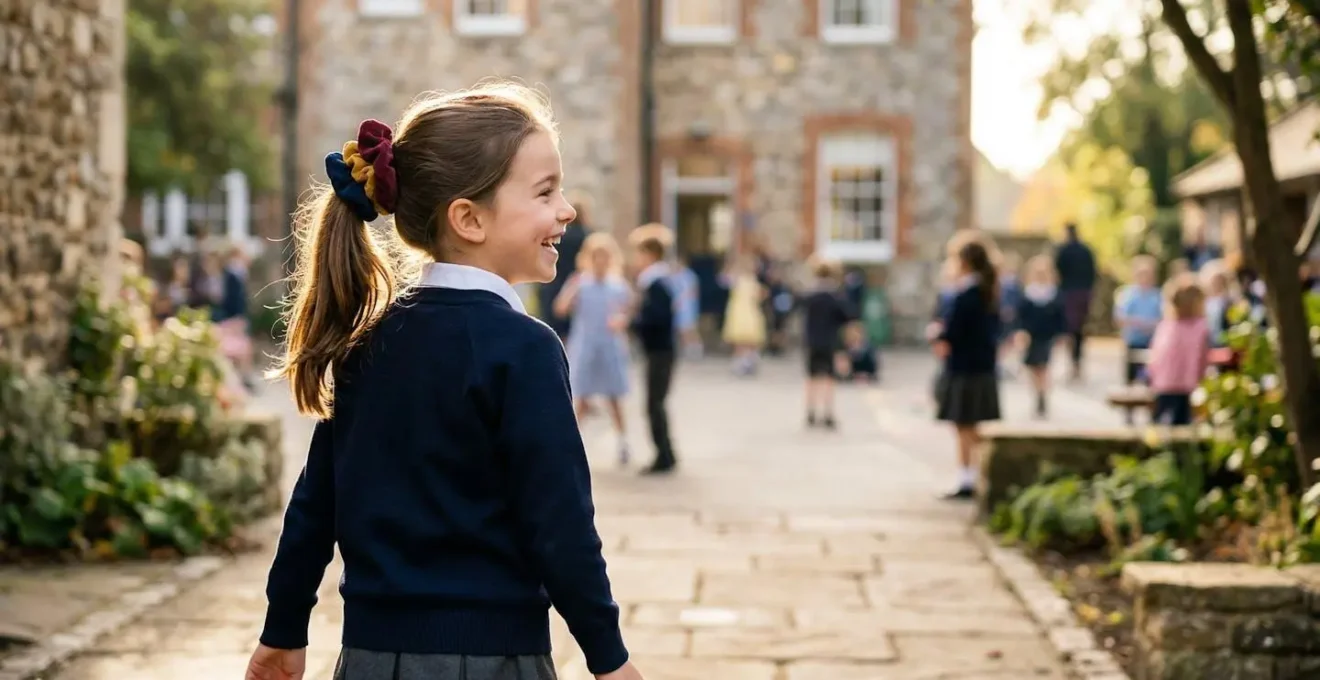 Fillette souriante de dos en uniforme scolaire avec queue de cheval décorée de chouchous colorés dans une cour d'école