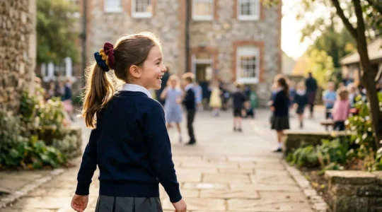 Fillette souriante de dos en uniforme scolaire avec queue de cheval décorée de chouchous colorés dans une cour d'école