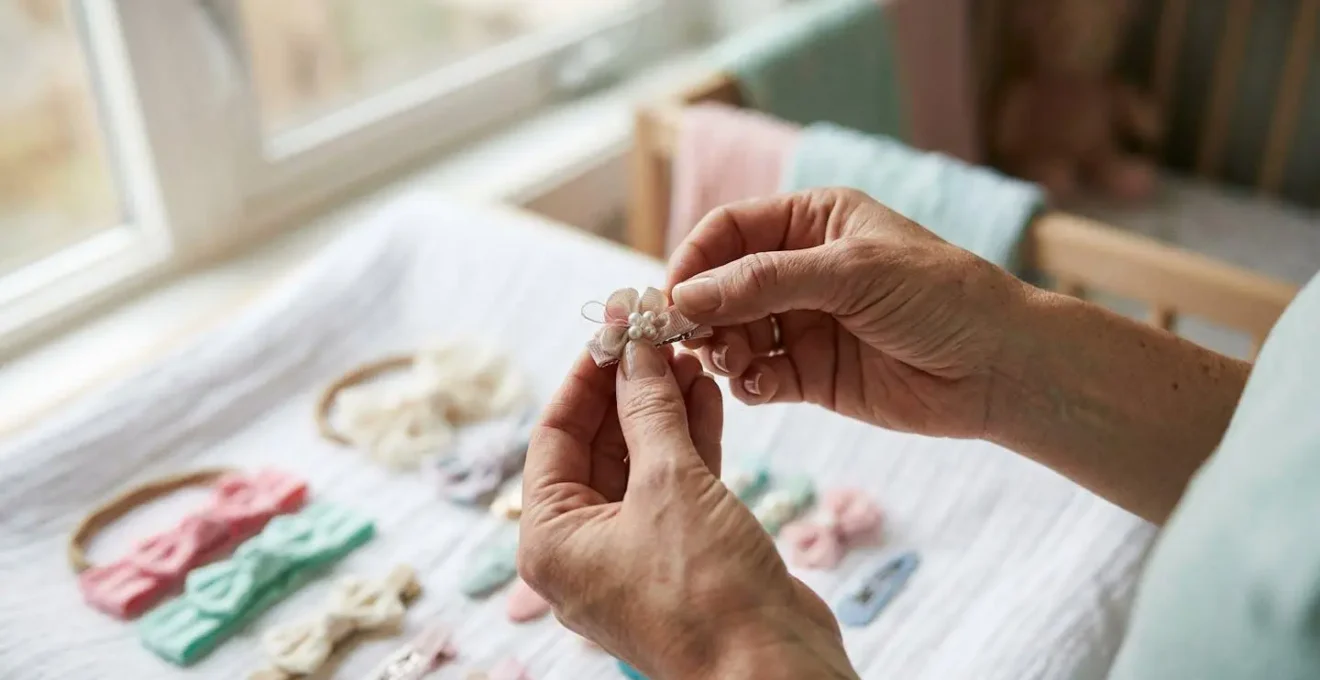 Mains d'adulte tenant délicatement une barrette colorée près d'une table d'observation avec divers accessoires cheveux pour enfants