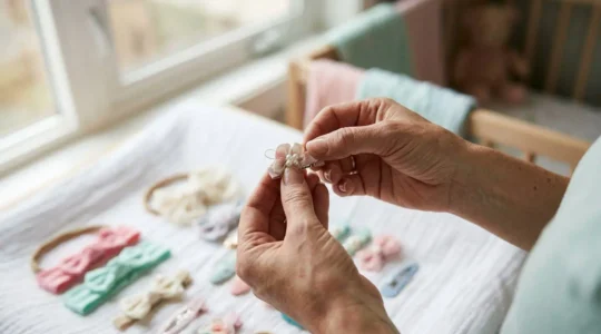Mains d'adulte tenant délicatement une barrette colorée près d'une table d'observation avec divers accessoires cheveux pour enfants