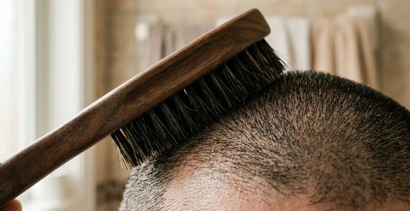 Brosse militaire en poils de sanglier brossant des cheveux de 3mm sur un crâne masculin