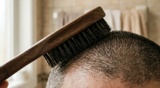 Brosse militaire en poils de sanglier brossant des cheveux de 3mm sur un crâne masculin