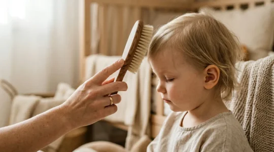 Comparaison douce entre brosse en poils de sanglier et brosse en nylon pour enfant sur cuir chevelu délicat