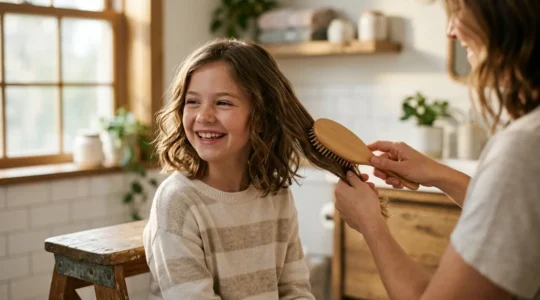 Petite fille souriante aux cheveux mi-longs en carré dégradé, coiffée dans une salle de bain lumineuse