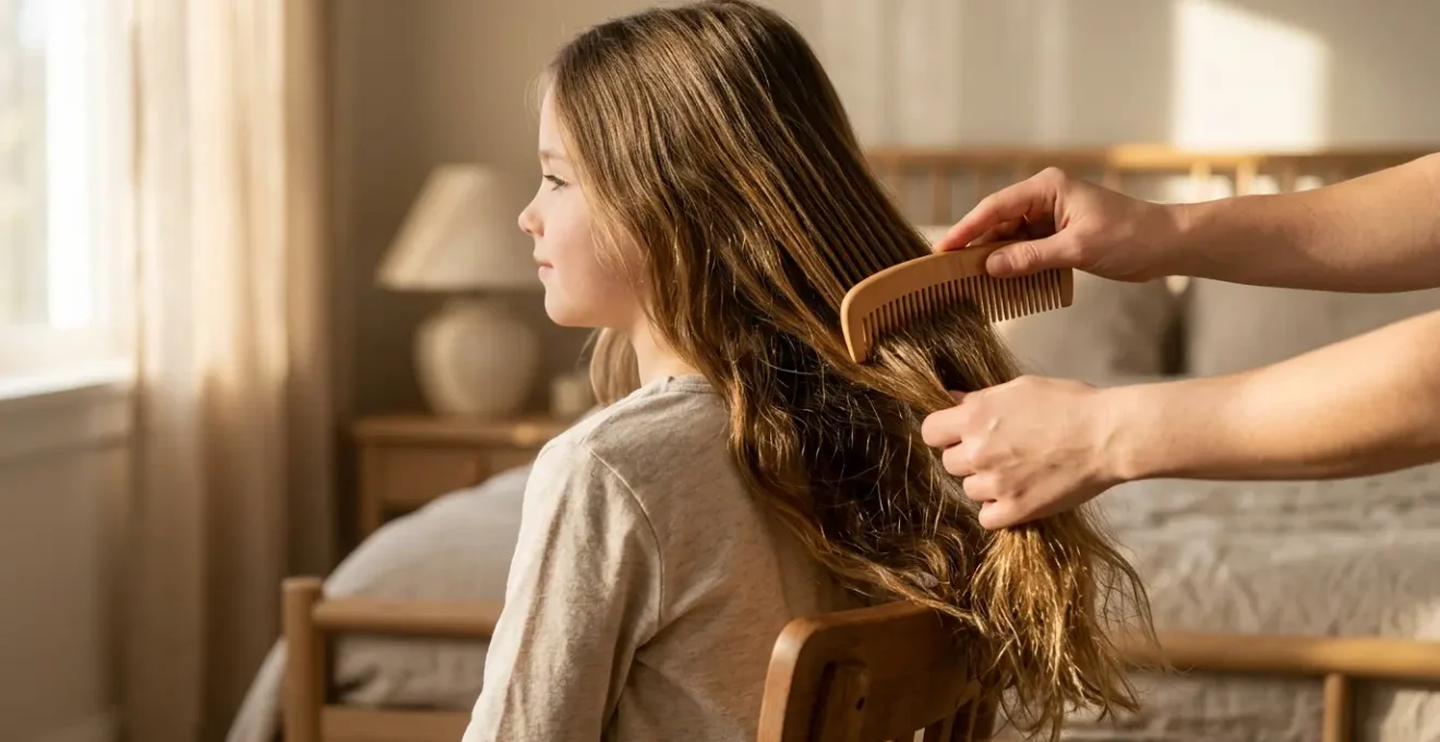 Jeune fille aux cheveux longs peignés avec douceur, mise au point sur la texture soyeuse des longueurs