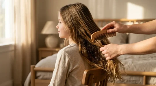 Jeune fille aux cheveux longs peignés avec douceur, mise au point sur la texture soyeuse des longueurs