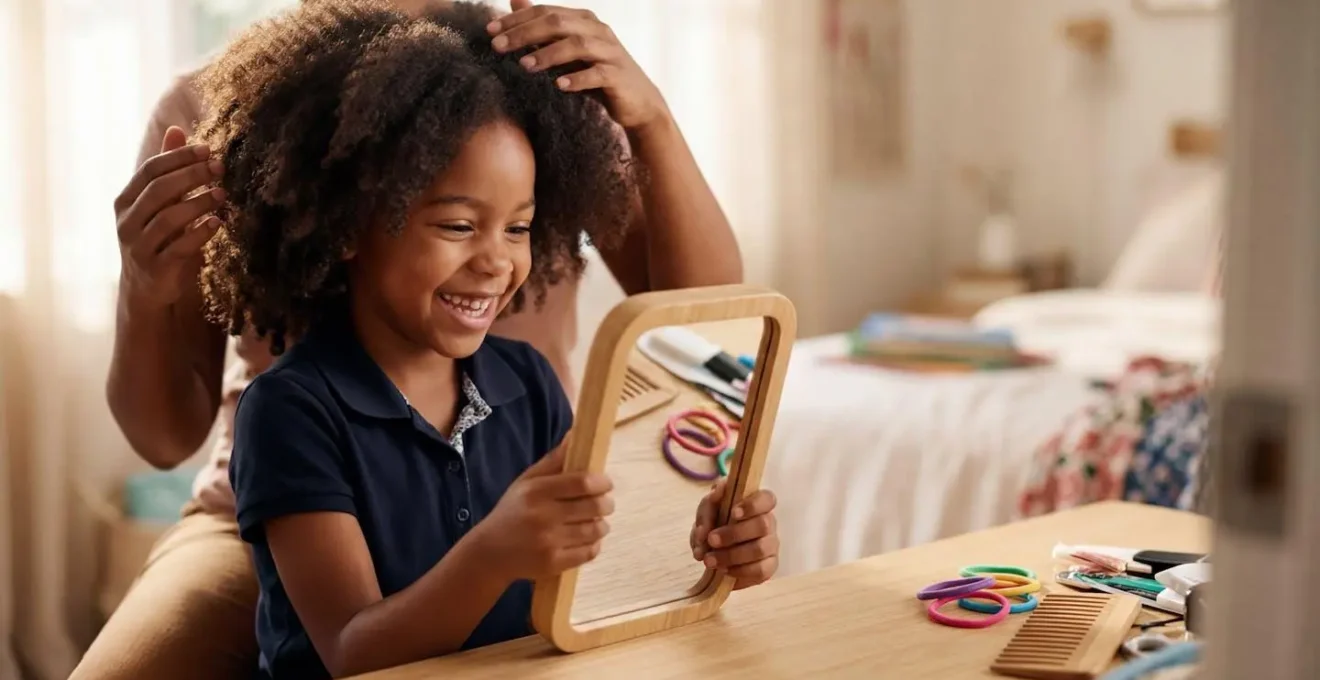Enfant aux cheveux volumineux souriants avec des accessoires colorés pour l'école