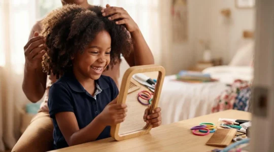 Enfant aux cheveux volumineux souriants avec des accessoires colorés pour l'école