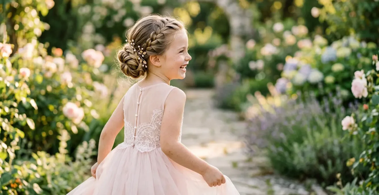 Petite fille souriante en robe de cérémonie avec un élégant chignon bas orné d'accessoires dorés discrets