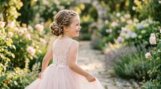 Petite fille souriante en robe de cérémonie avec un élégant chignon bas orné d'accessoires dorés discrets