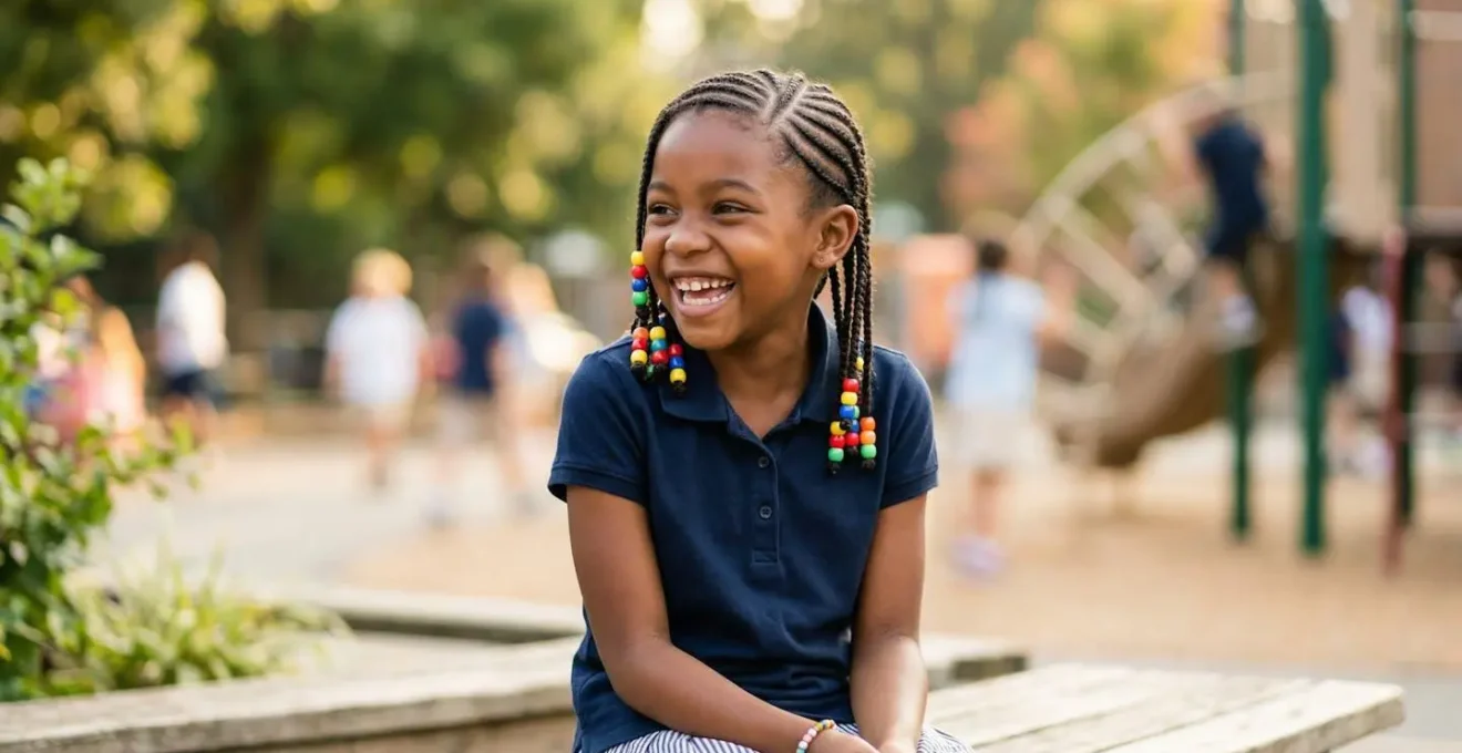 Petite fille afro souriante avec des tresses collées ornées de perles colorées dans une cour d'école ensoleillée