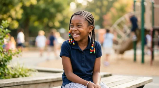 Petite fille afro souriante avec des tresses collées ornées de perles colorées dans une cour d'école ensoleillée
