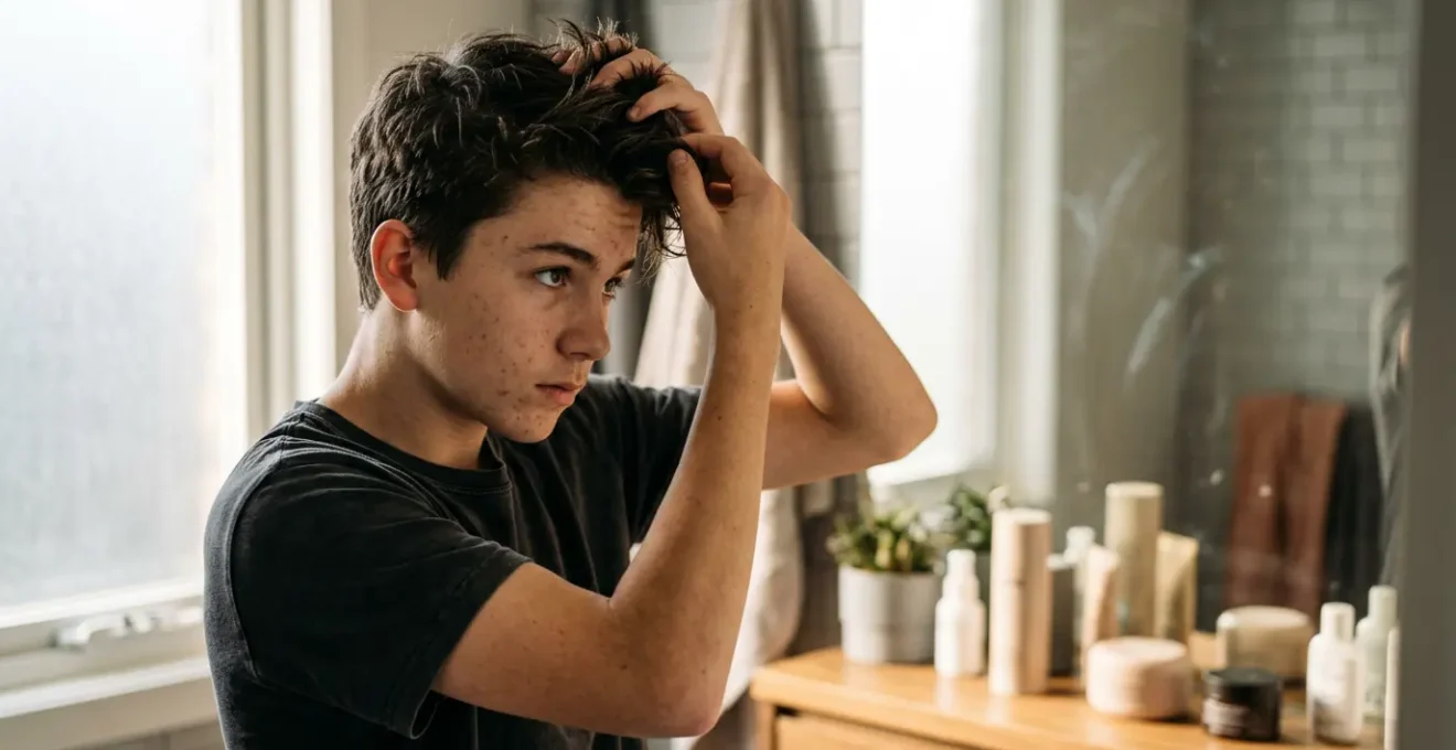 Adolescent devant un miroir appliquant de la cire coiffante sur ses cheveux