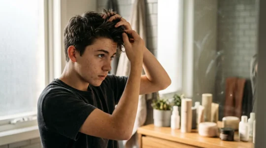 Adolescent devant un miroir appliquant de la cire coiffante sur ses cheveux
