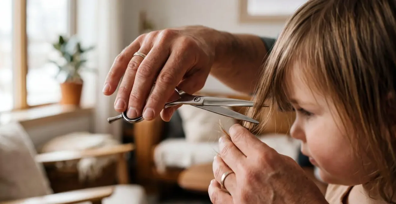 Parent tenant des ciseaux de coiffure professionnels avant de couper les cheveux d'un enfant à la maison