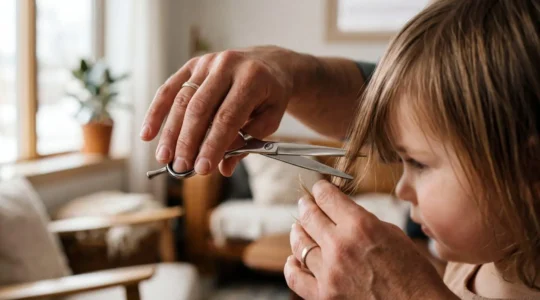 Parent tenant des ciseaux de coiffure professionnels avant de couper les cheveux d'un enfant à la maison