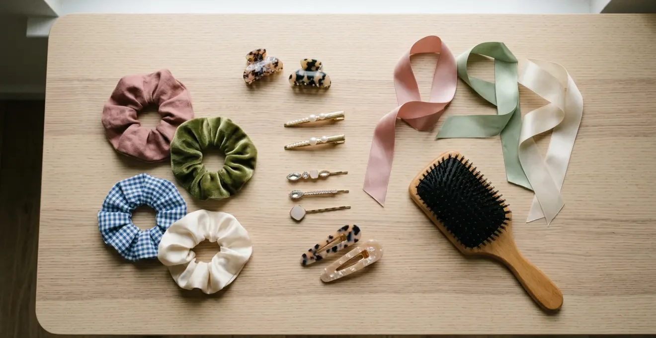 Coffret coiffure avec accessoires colorés pour filles de 8 ans disposés sur une surface en bois clair