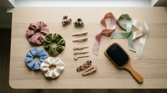 Coffret coiffure avec accessoires colorés pour filles de 8 ans disposés sur une surface en bois clair