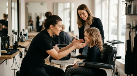 Une coiffeuse professionnelle consultant avec un enfant et sa maman dans un salon lumineux