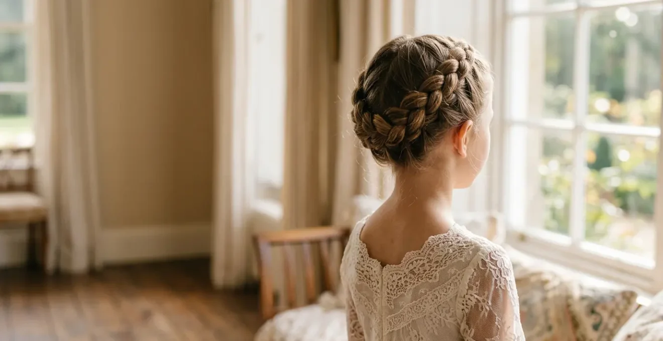 Petite fille de dos avec tresse couronne et robe de cérémonie en dentelle, éclairage naturel d'intérieur