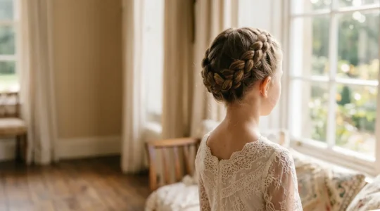 Petite fille de dos avec tresse couronne et robe de cérémonie en dentelle, éclairage naturel d'intérieur