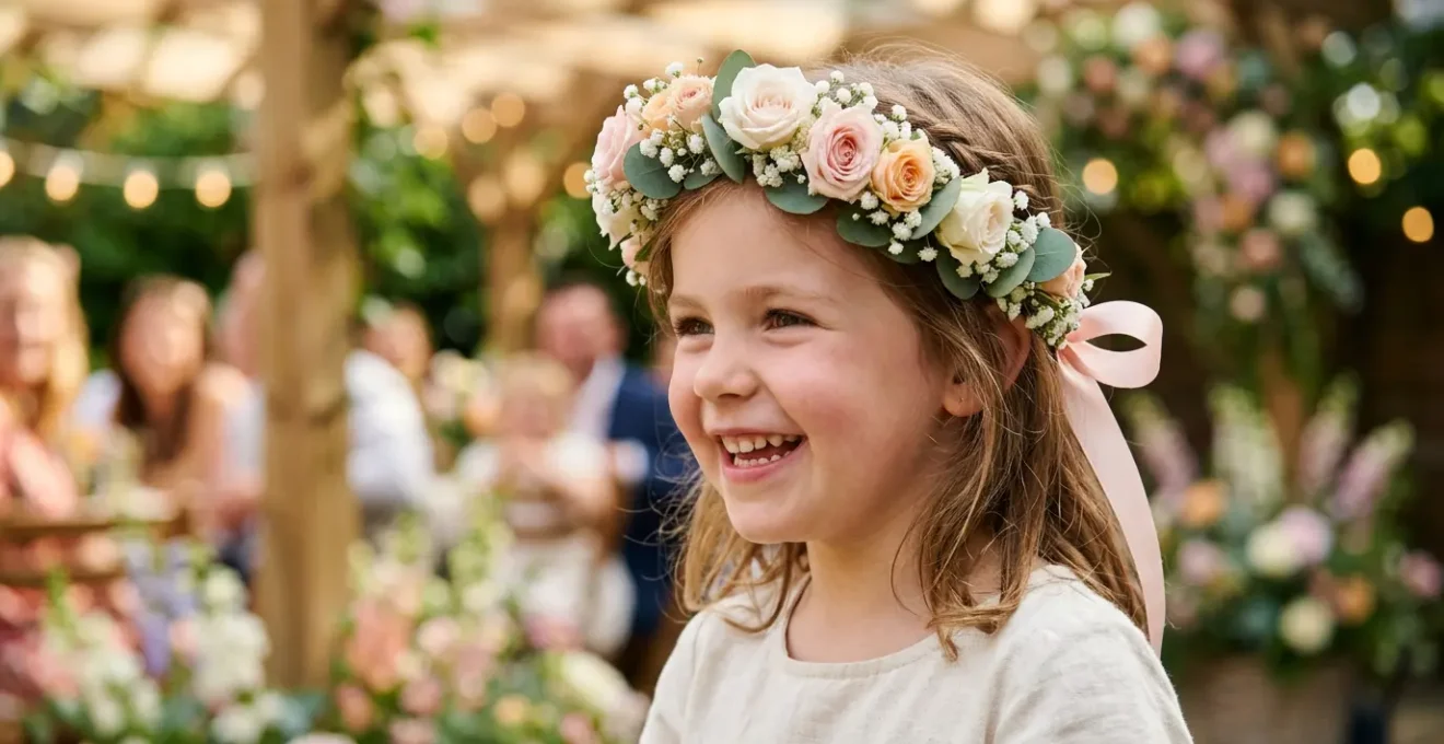 Petite fille souriante portant une couronne fleurie parfaitement ajustée avec des fleurs pastel et un ruban de satin