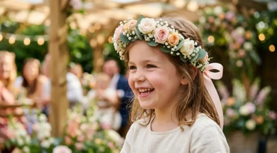 Petite fille souriante portant une couronne fleurie parfaitement ajustée avec des fleurs pastel et un ruban de satin