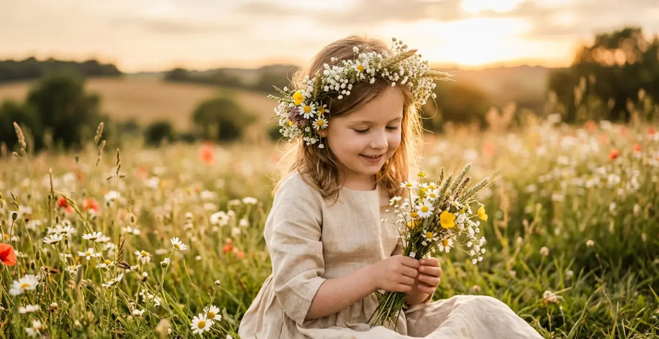 Couronne de fleurs champêtres sur une petite fille lors d'une cérémonie en plein air