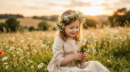 Couronne de fleurs champêtres sur une petite fille lors d'une cérémonie en plein air