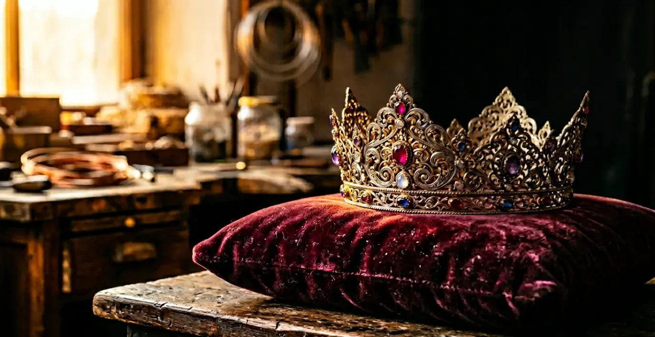 Couronne ornementale de créateur posée sur un coussin de velours sombre avec des détails dorés artisanaux visibles