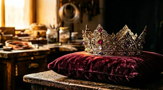 Couronne ornementale de créateur posée sur un coussin de velours sombre avec des détails dorés artisanaux visibles
