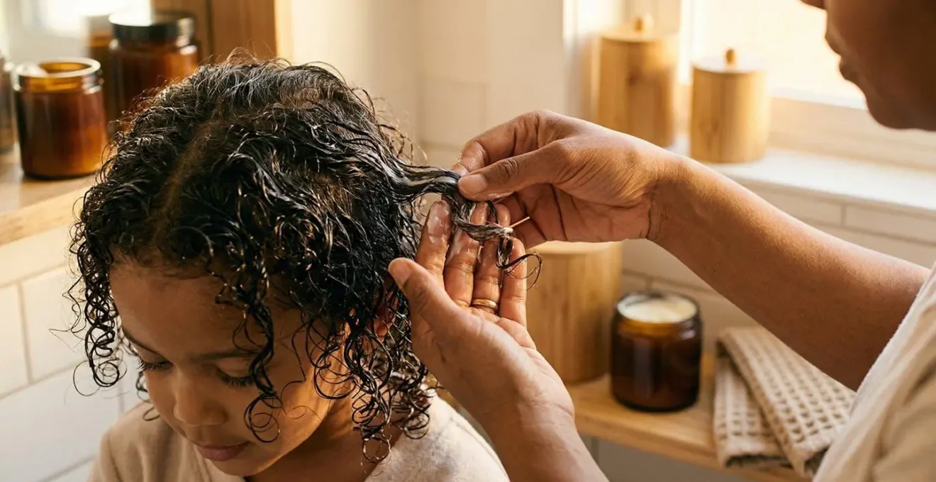 Application douce d'une crème coiffante naturelle sur les cheveux d'un enfant dans une salle de bain lumineuse