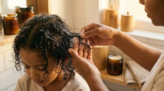 Application douce d'une crème coiffante naturelle sur les cheveux d'un enfant dans une salle de bain lumineuse