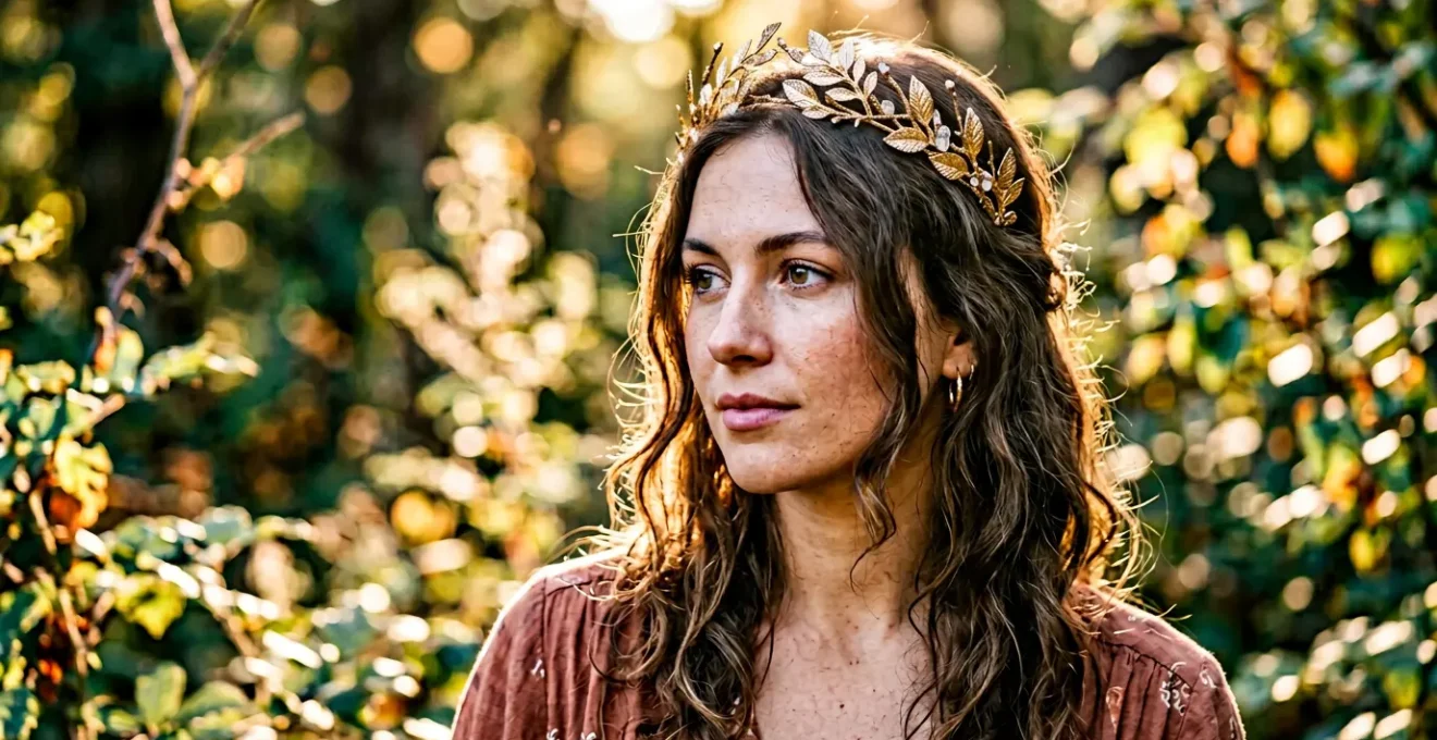 Portrait d'une femme portant un diadème doré avec des détails floraux dans une lumière dorée