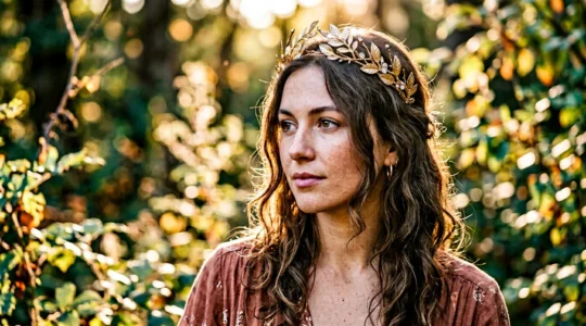 Portrait d'une femme portant un diadème doré avec des détails floraux dans une lumière dorée