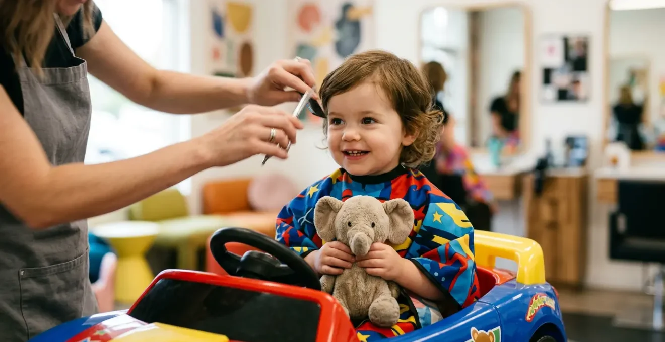Enfant de 2 ans souriant dans un fauteuil de coiffure coloré avec cape super-héros