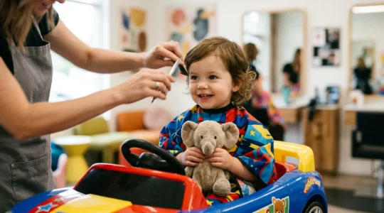Enfant de 2 ans souriant dans un fauteuil de coiffure coloré avec cape super-héros