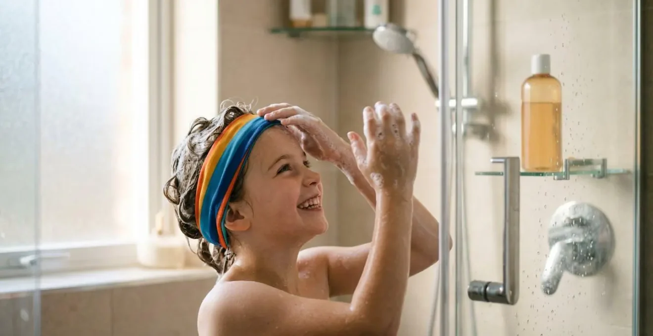 Enfant souriant se lavant les cheveux seul sous la douche