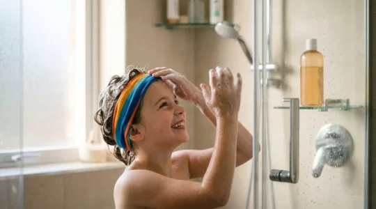Enfant souriant se lavant les cheveux seul sous la douche