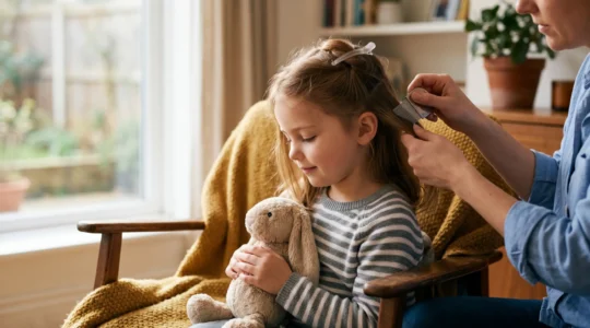 Enfant détendu pendant le passage du peigne fin anti-poux dans ses cheveux