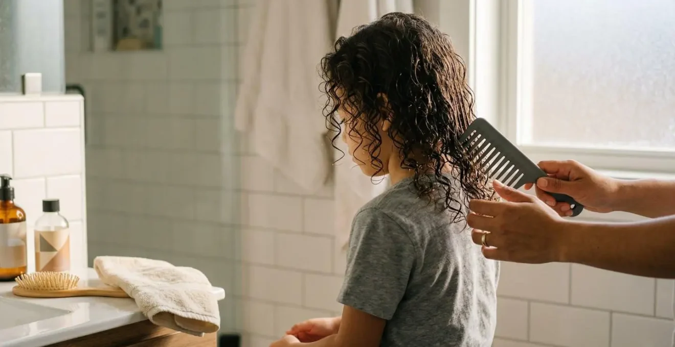 Enfant aux cheveux bouclés dans une salle de bain lumineuse avec peigne et produits naturels