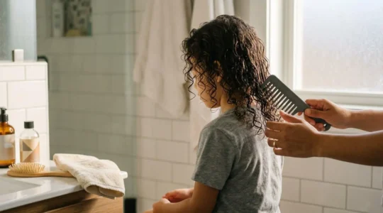 Enfant aux cheveux bouclés dans une salle de bain lumineuse avec peigne et produits naturels
