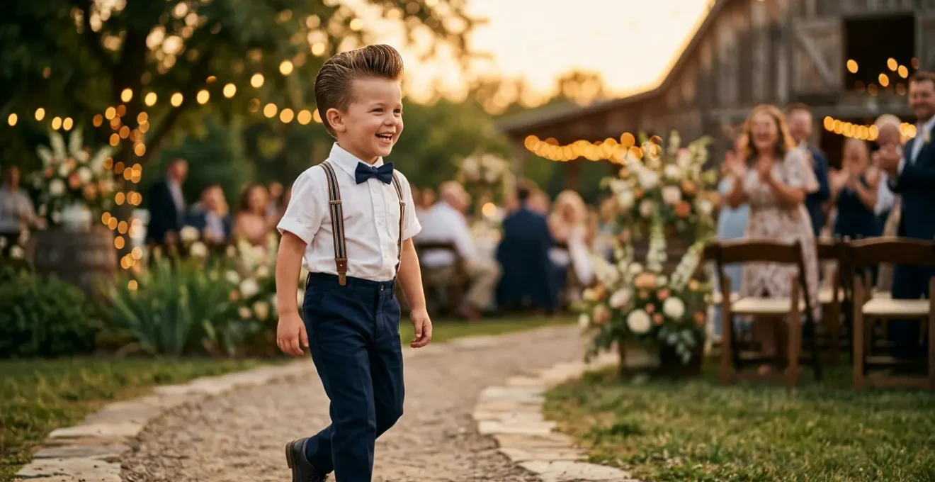 Petit garçon avec une coiffure banane rétro lors d'un mariage vintage
