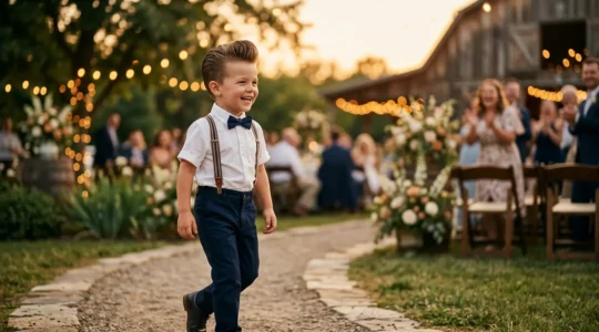 Petit garçon avec une coiffure banane rétro lors d'un mariage vintage