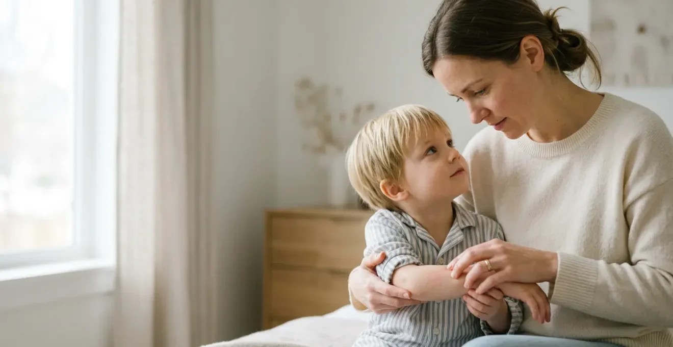Mère attentive examinant délicatement la peau de son enfant avec une lumière naturelle douce