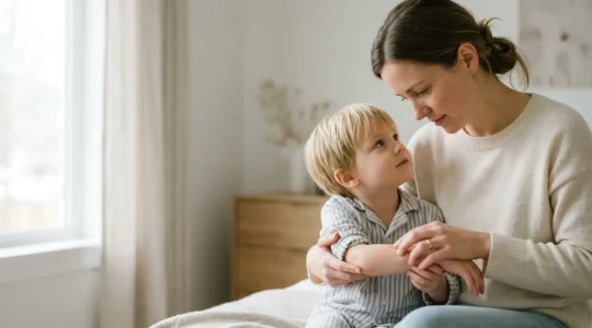 Mère attentive examinant délicatement la peau de son enfant avec une lumière naturelle douce