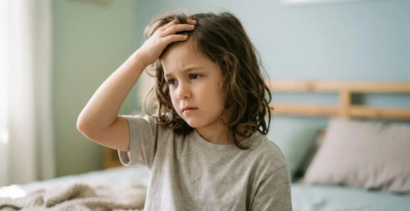 Enfant aux cheveux châtains touchant doucement son cuir chevelu dans un environnement apaisant