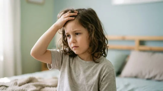 Enfant aux cheveux châtains touchant doucement son cuir chevelu dans un environnement apaisant