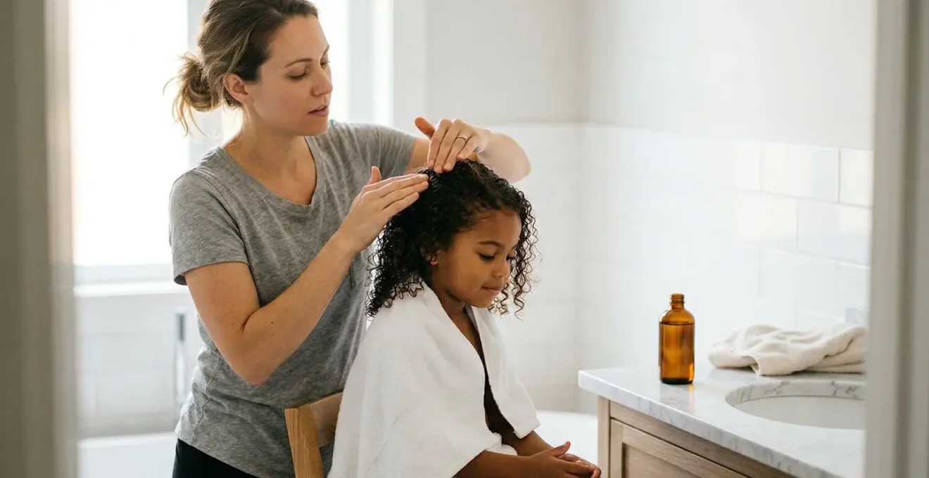 Une mère appliquant délicatement de l'huile capillaire sur les cheveux bouclés de son enfant dans une salle de bain lumineuse