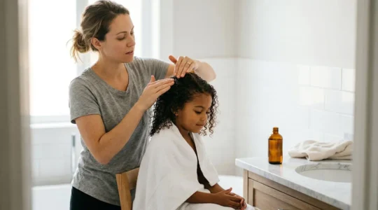 Une mère appliquant délicatement de l'huile capillaire sur les cheveux bouclés de son enfant dans une salle de bain lumineuse